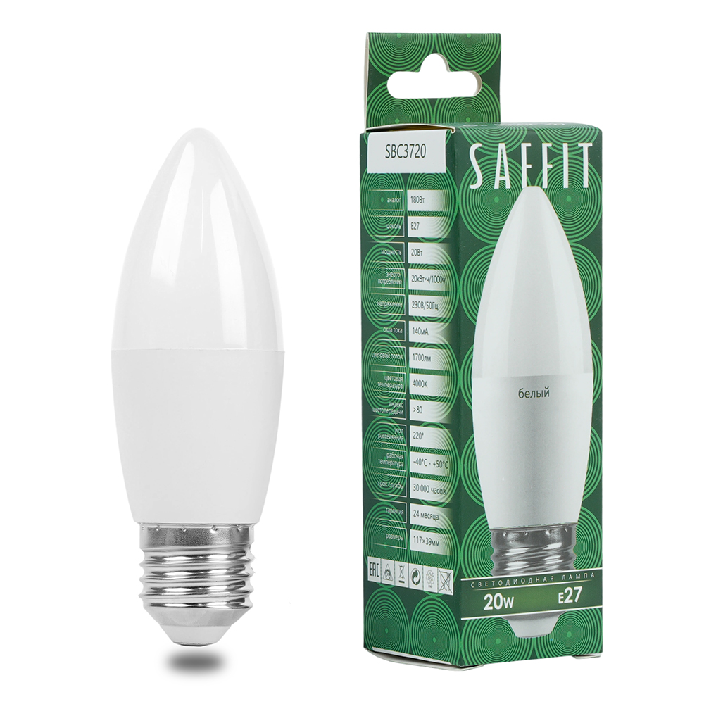 Лампа светодиодная SAFFIT SBC3720 Свеча E27 20W 230V 4000K от компании Ферон