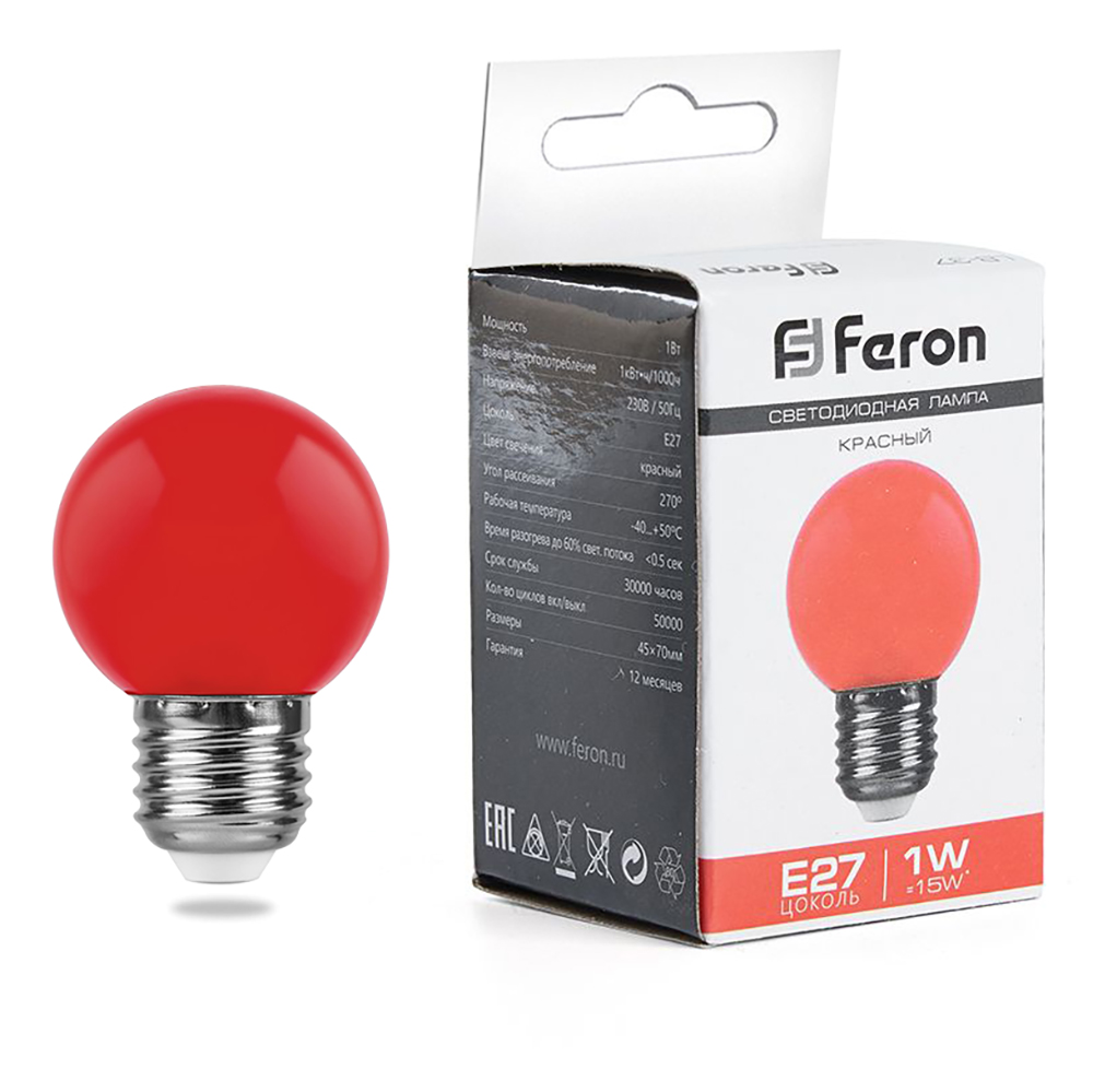 Лампа светодиодная Feron LB-37 Шарик матовый E27 1W 230V Красный от компании Ферон