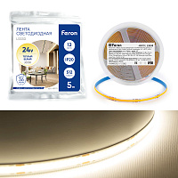 Светодиодная COB лента Feron LS530, 512SMD(2110) 12Вт/м 24V 5000*10*1.8мм 3000К IP20 Светодиодная COB лента Feron LS530, 512SMD(2110) 12Вт/м 24V 5000*10*1.8мм 3000К IP20