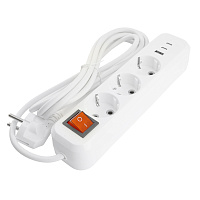 Удлинитель 3-местный с/з с выключ. STEKKER HM071-31-02 3x1мм2, 2м, 250В, 16А, 1USB+2C, 2.4A, сер Home, белый 50136