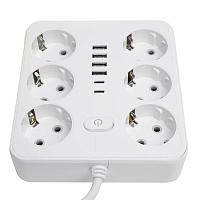 Удлинитель 6-местный c/з 3x1 мм2, 3 м, 250В, 10А, 4USB+2Type-C 2,4А, серия Home plus, белый STEKKER HM09-66-02 49982