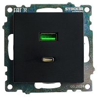 Розетка 2-местная USB + type C (механизм), STEKKER GLS10-7116-05, 250B, 3А, серия Катрин, черный 50055 Розетка 2-местная USB + type C (механизм), STEKKER GLS10-7116-05, 250B, 3А, серия Катрин, черный 50055