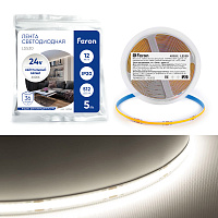 Светодиодная COB лента Feron LS530, 512SMD(2110) 12Вт/м 24V 5000*10*1.8мм 4000К IP20 Светодиодная COB лента Feron LS530, 512SMD(2110) 12Вт/м 24V 5000*10*1.8мм 4000К IP20
