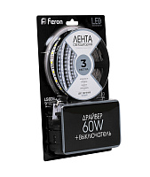 Светодиодная LED лента Feron LS606, 60SMD(5050)/m 14.4W/m 12V 3m 6500К с адаптером с вилкой в комплекте Артикул 27720 Светодиодная LED лента Feron LS606, 60SMD(5050)/m 14.4W/m 12V 3m 6500К с адаптером с вилкой в комплекте Артикул 27720