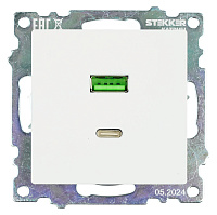 Розетка USB 2-местная + type C (механизм), STEKKER GLS10-7116-01, 250В, 3А, max 20W, серия Катрин, белый 50051