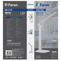 Настольный светодиодный светильник Feron DE1725 10W, 4000K, 100-240V, белый 29861 Настольный светодиодный светильник Feron DE1725 10W, 4000K, 100-240V, белый 29861