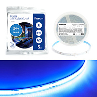 Светодиодная COB лента Feron LS530 320SMD(2110) 10Вт/м 24V 5000*8*1.8мм IP20, синий Светодиодная COB лента Feron LS530 320SMD(2110) 10Вт/м 24V 5000*8*1.8мм IP20, синий